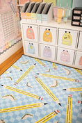 Load image into Gallery viewer, Pencils on Blue Checkerboard Rug