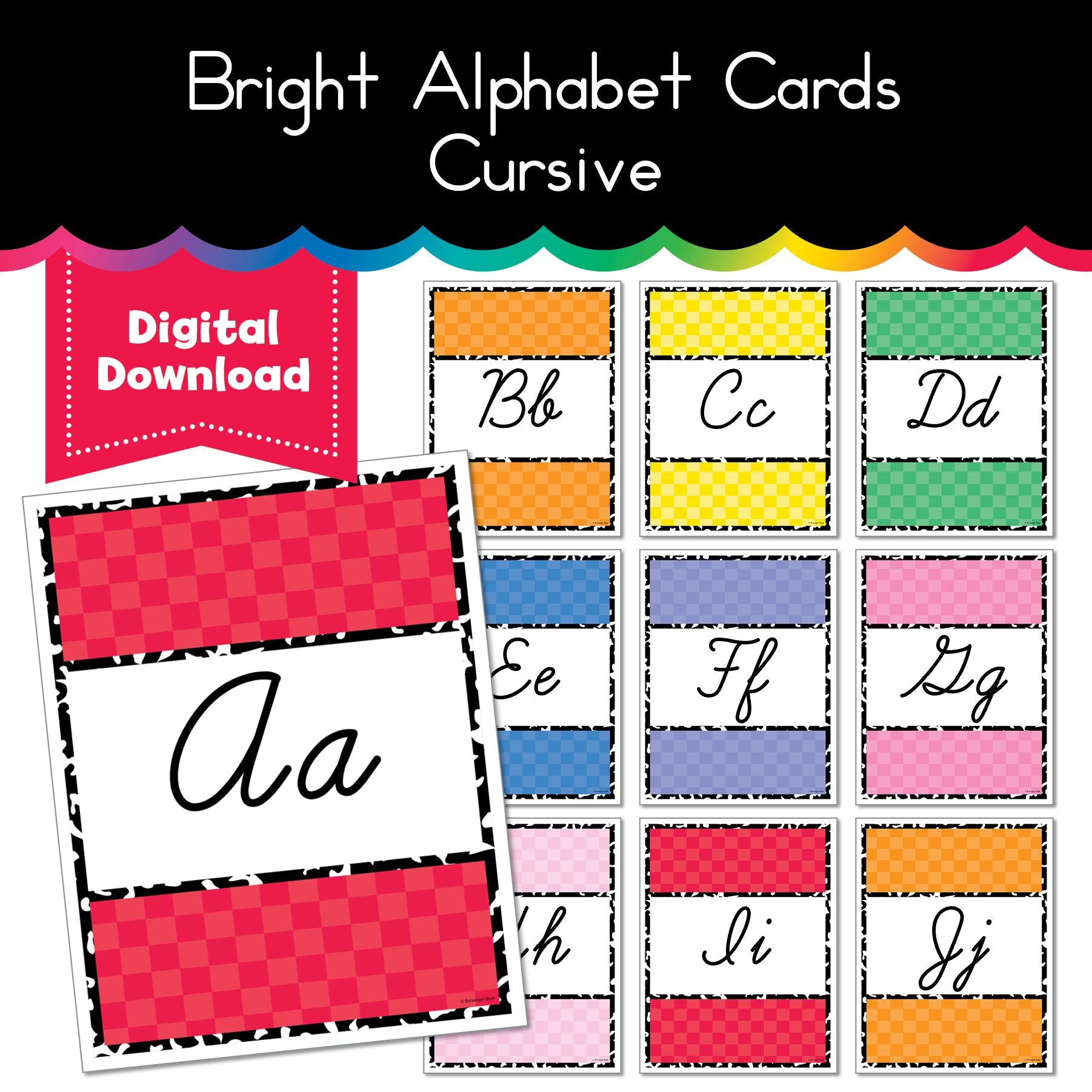 Bright Cursive Alphabet Cards