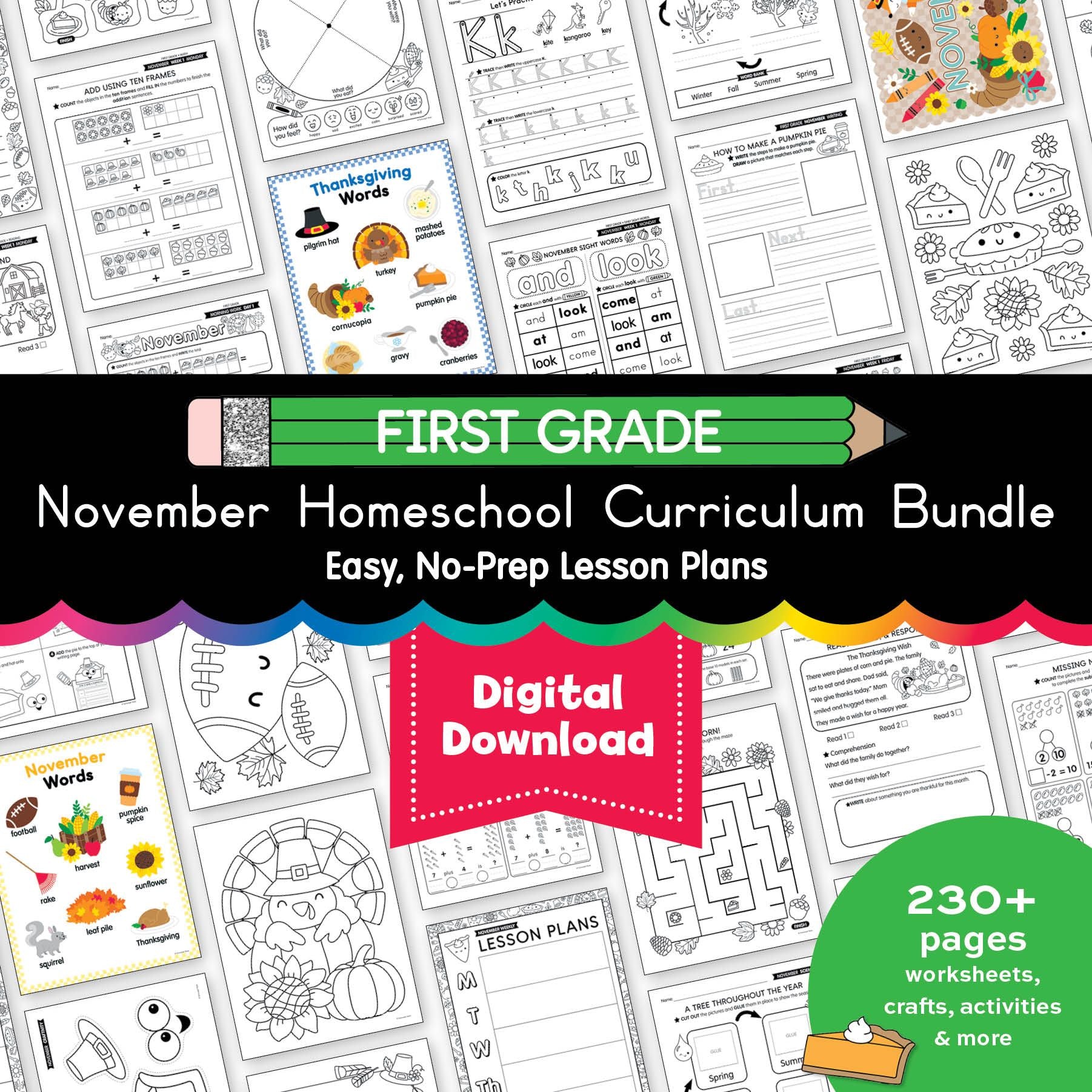 Printable First Grade November Homeschool Curriculum Bundle