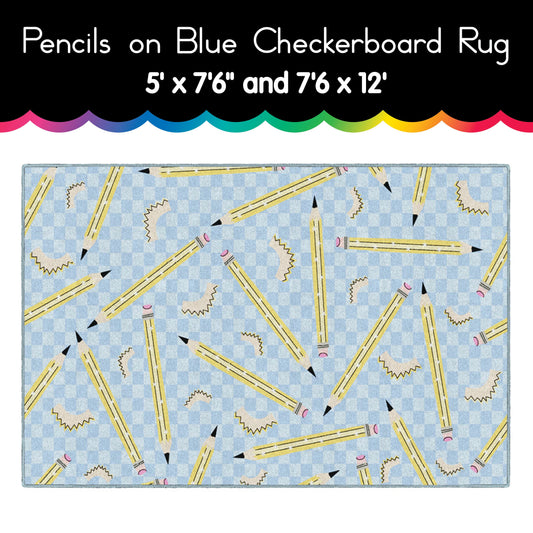 Pencils on Blue Checkerboard Rug