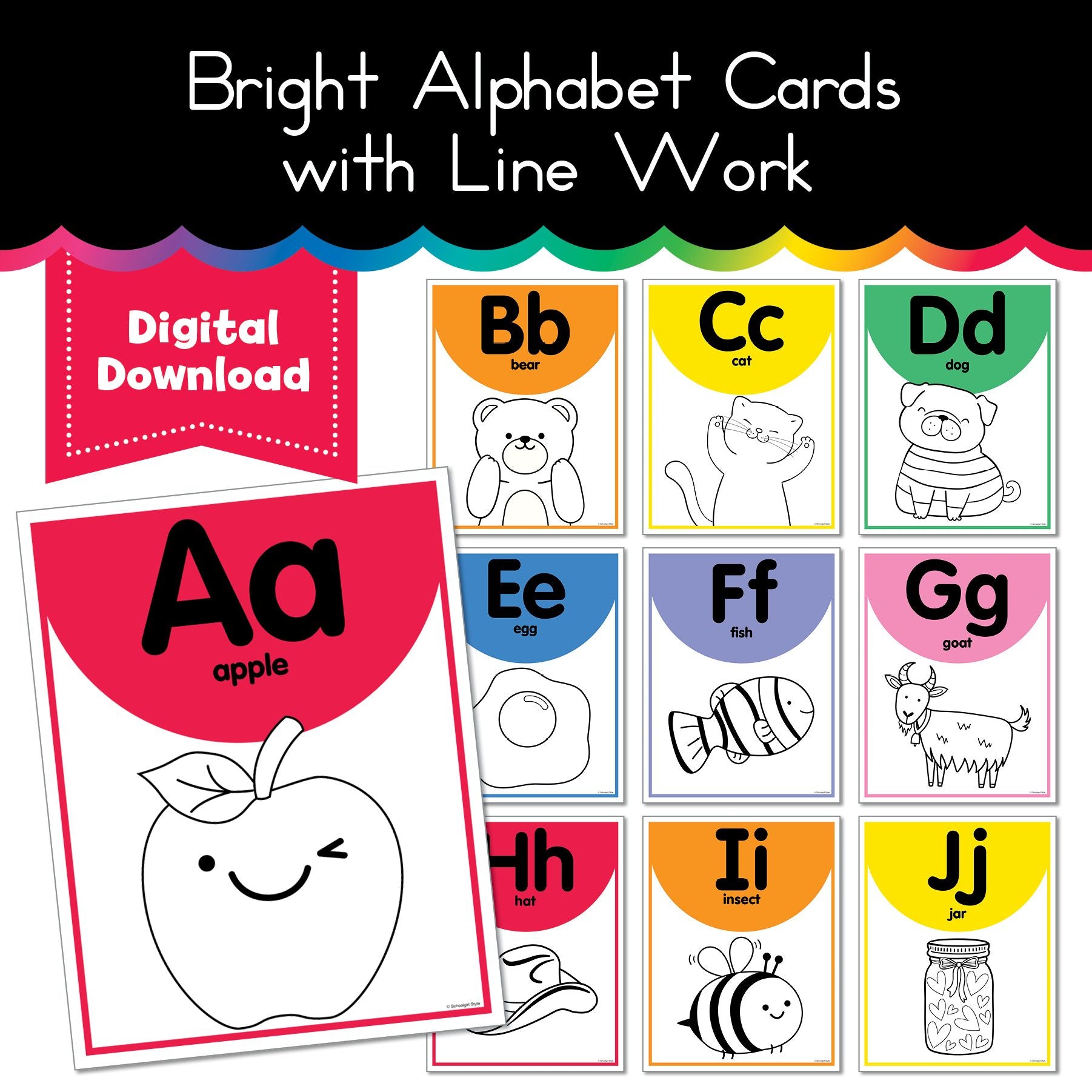 Bright Alphabet Cards with Line Work