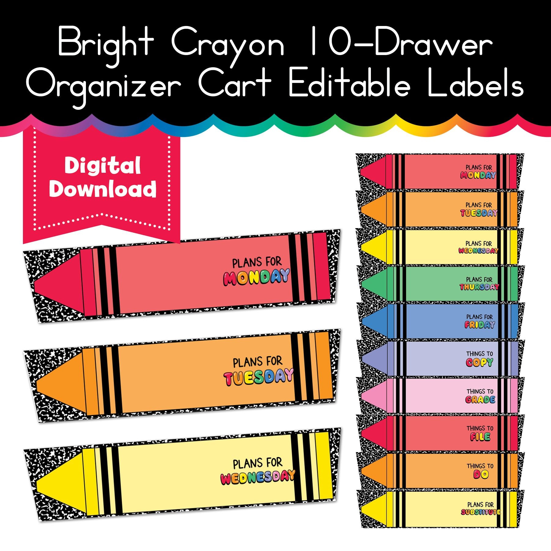 Bright 10 Drawer Organizer Cart Editable Labels