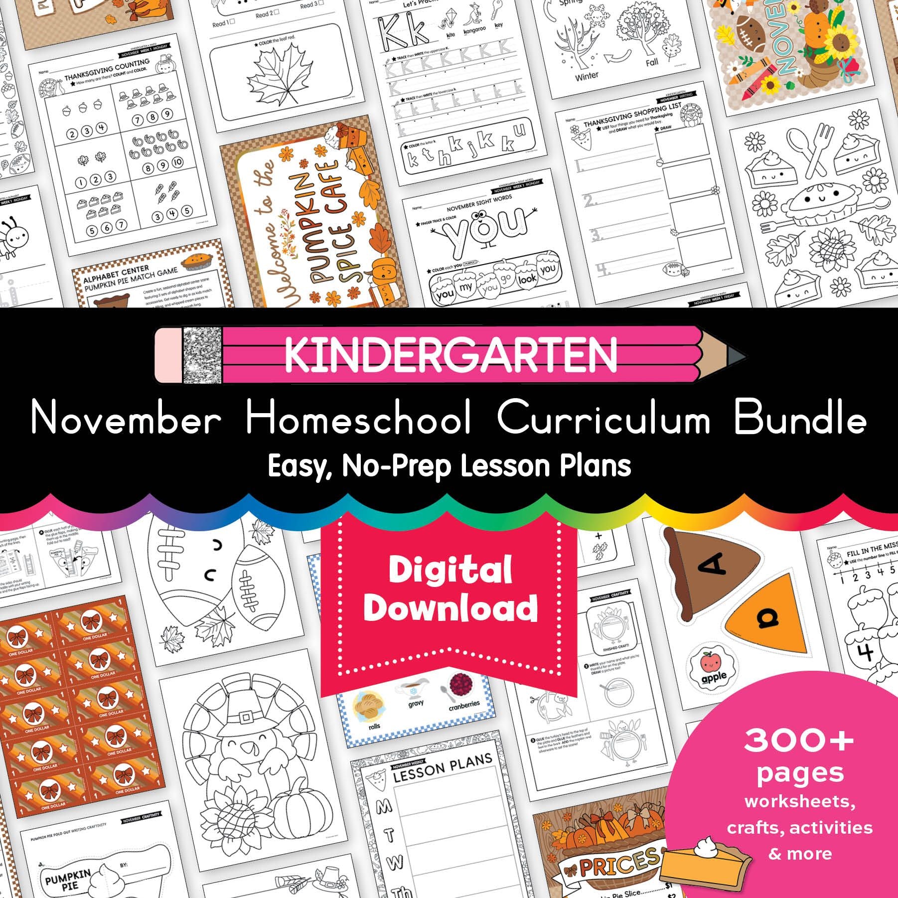 Printable Kindergarten November Homeschool Curriculum Bundle