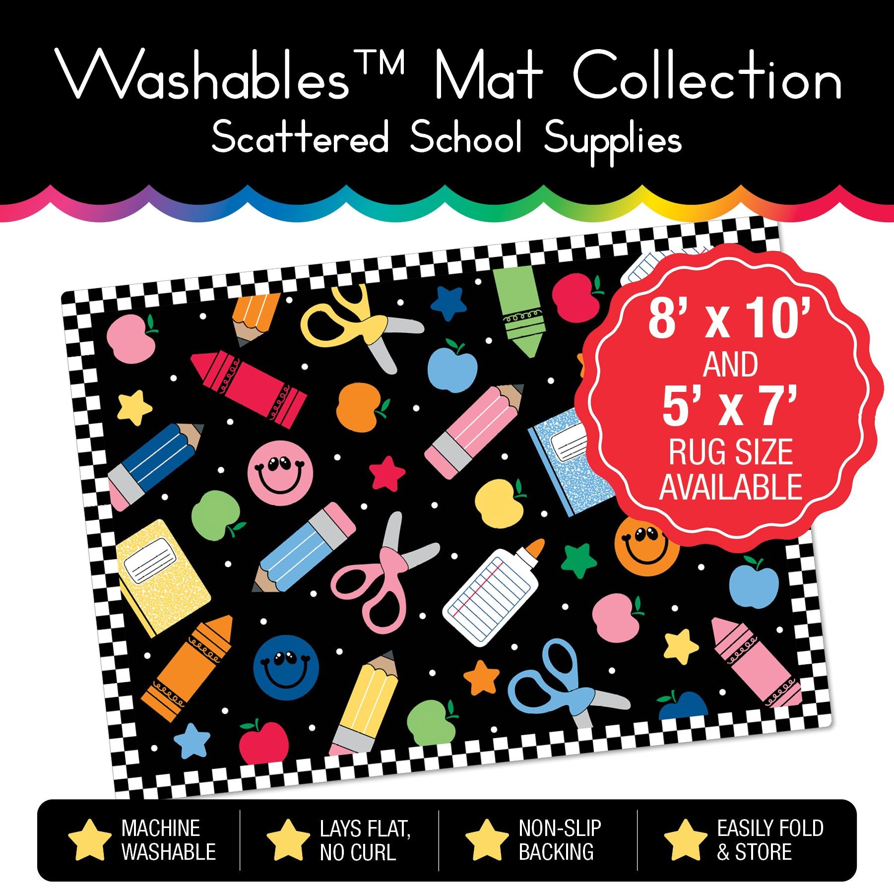 Scattered School Supplies with Checkerboard Border Classroom Mat by Schoolgirl Style