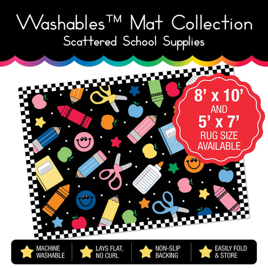 Scattered School Supplies with Checkerboard Border Classroom Mat by Schoolgirl Style
