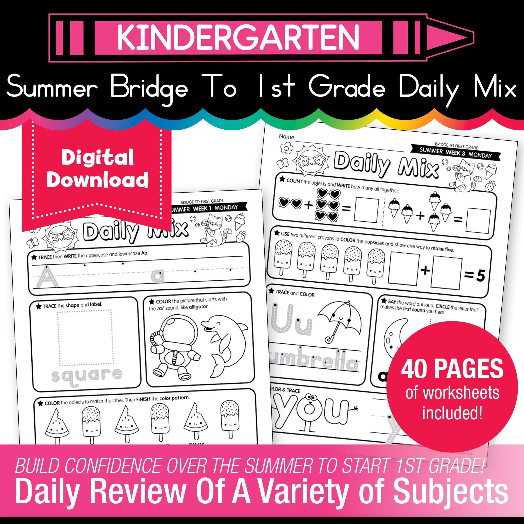 Printable Bridge To First Grade Daily Mix Digital Summer Workbook