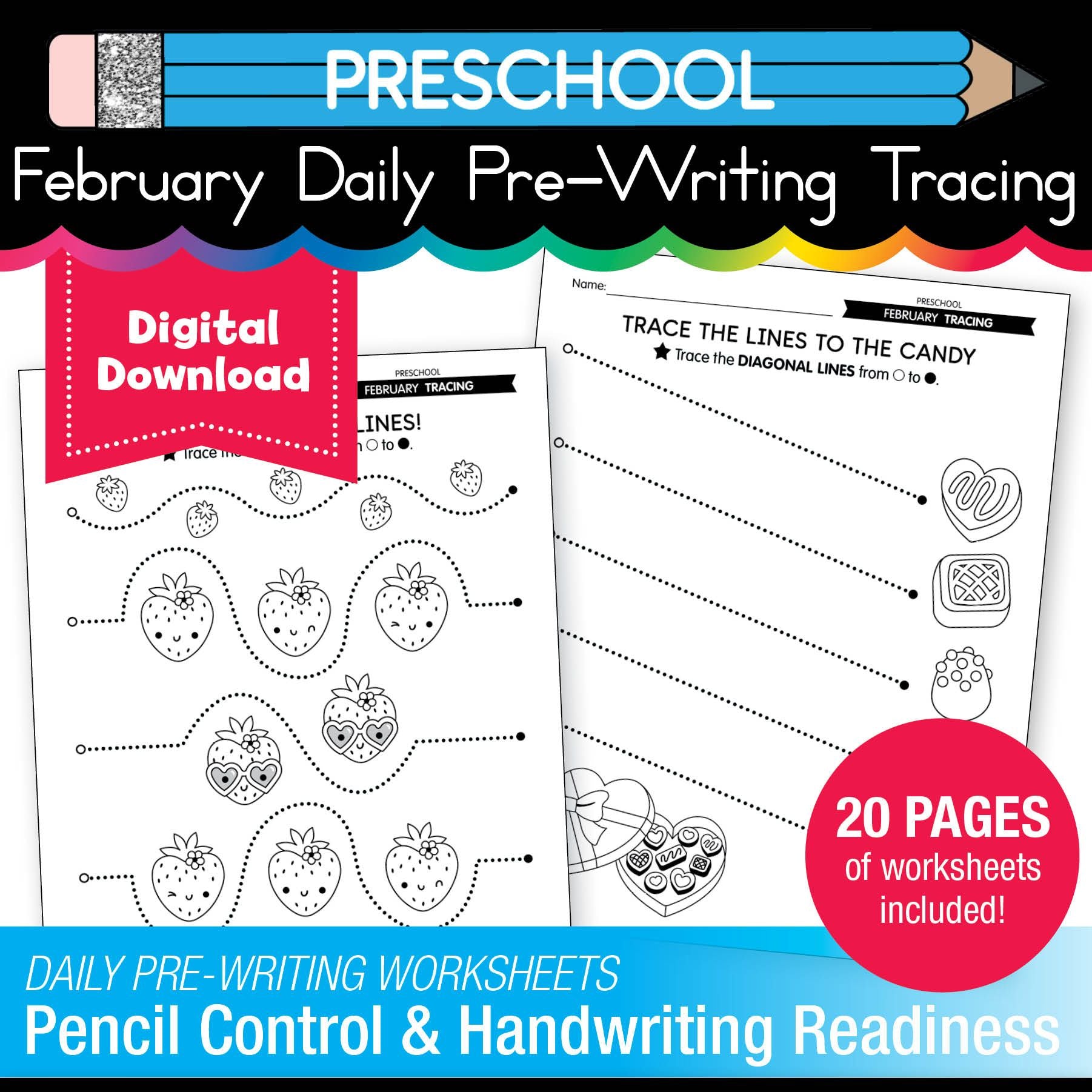 Printable Preschool February Daily Pre-Writing Tracing