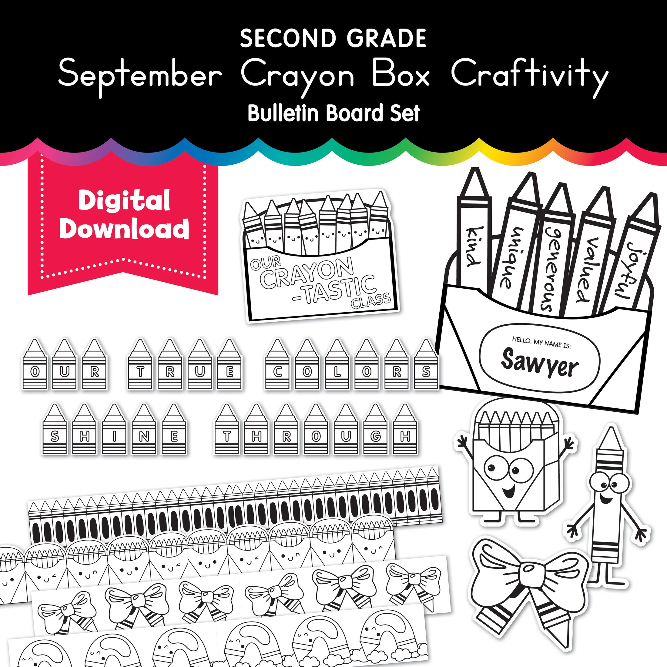 Second Grade September Crayon Box Craftivity Bulletin Board Set