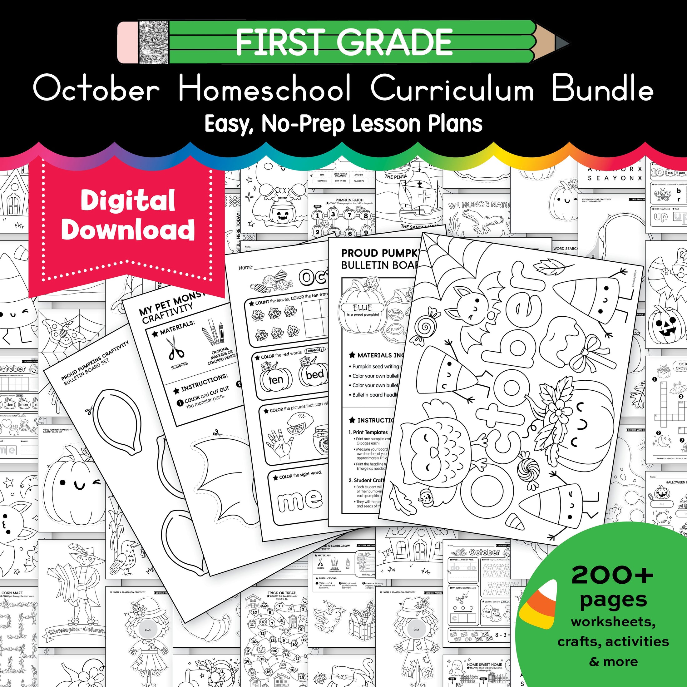 Printable First Grade October Homeschool Curriculum Bundle