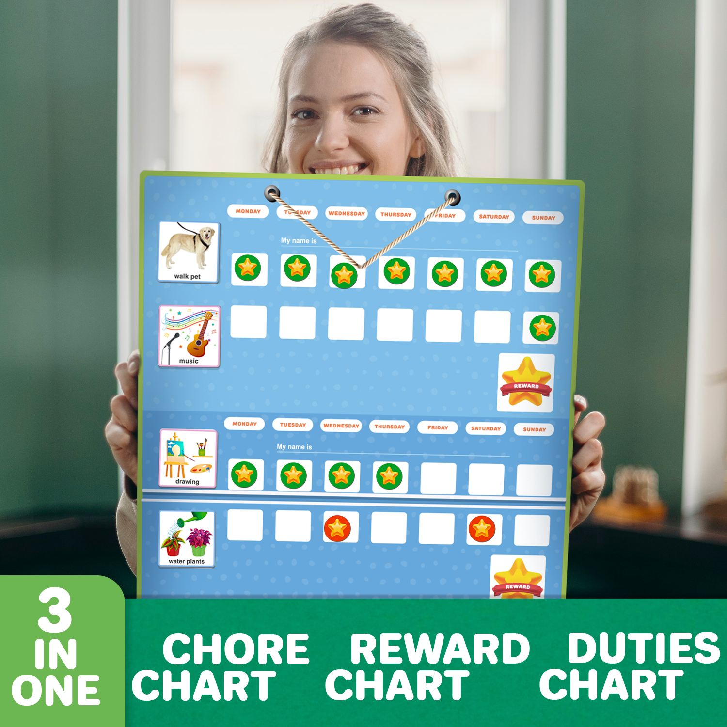 Girl holding up Magnetic Visual Schedule Board for Kids