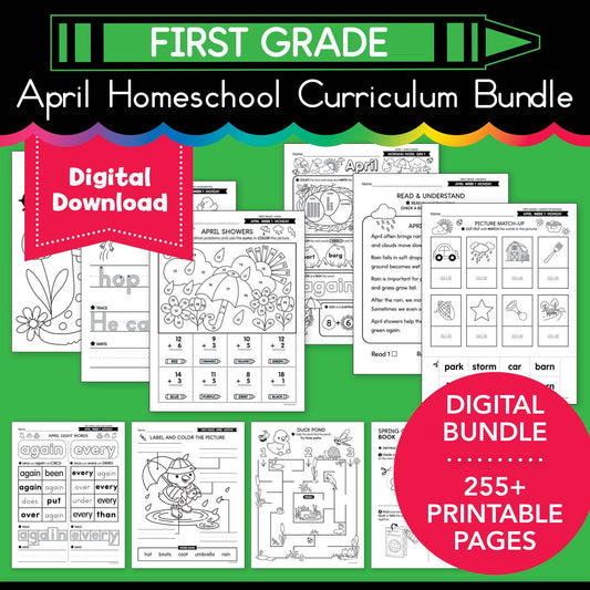 Printable First Grade April Homeschool Curriculum Bundle