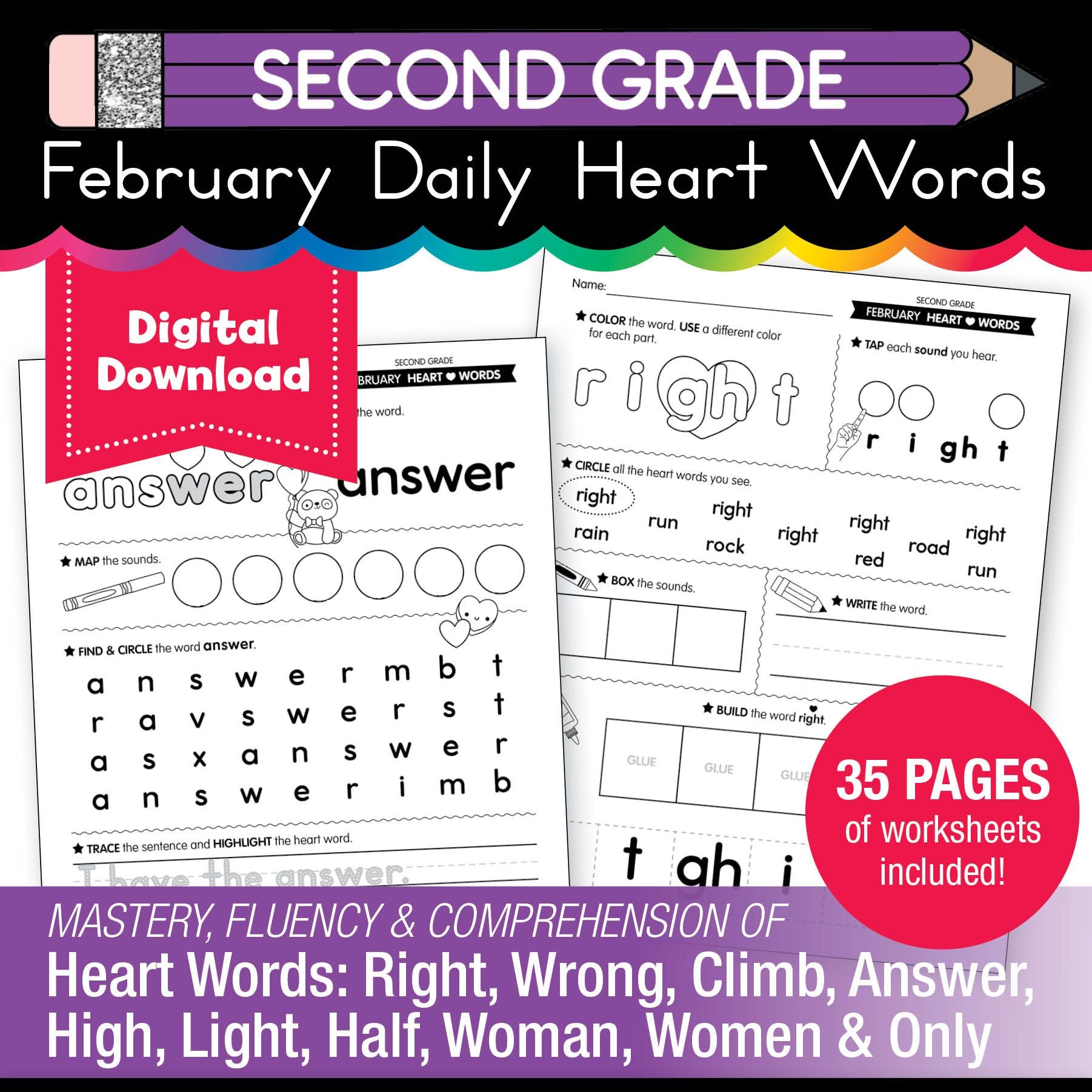 Printable Second Grade February Daily Heart Words