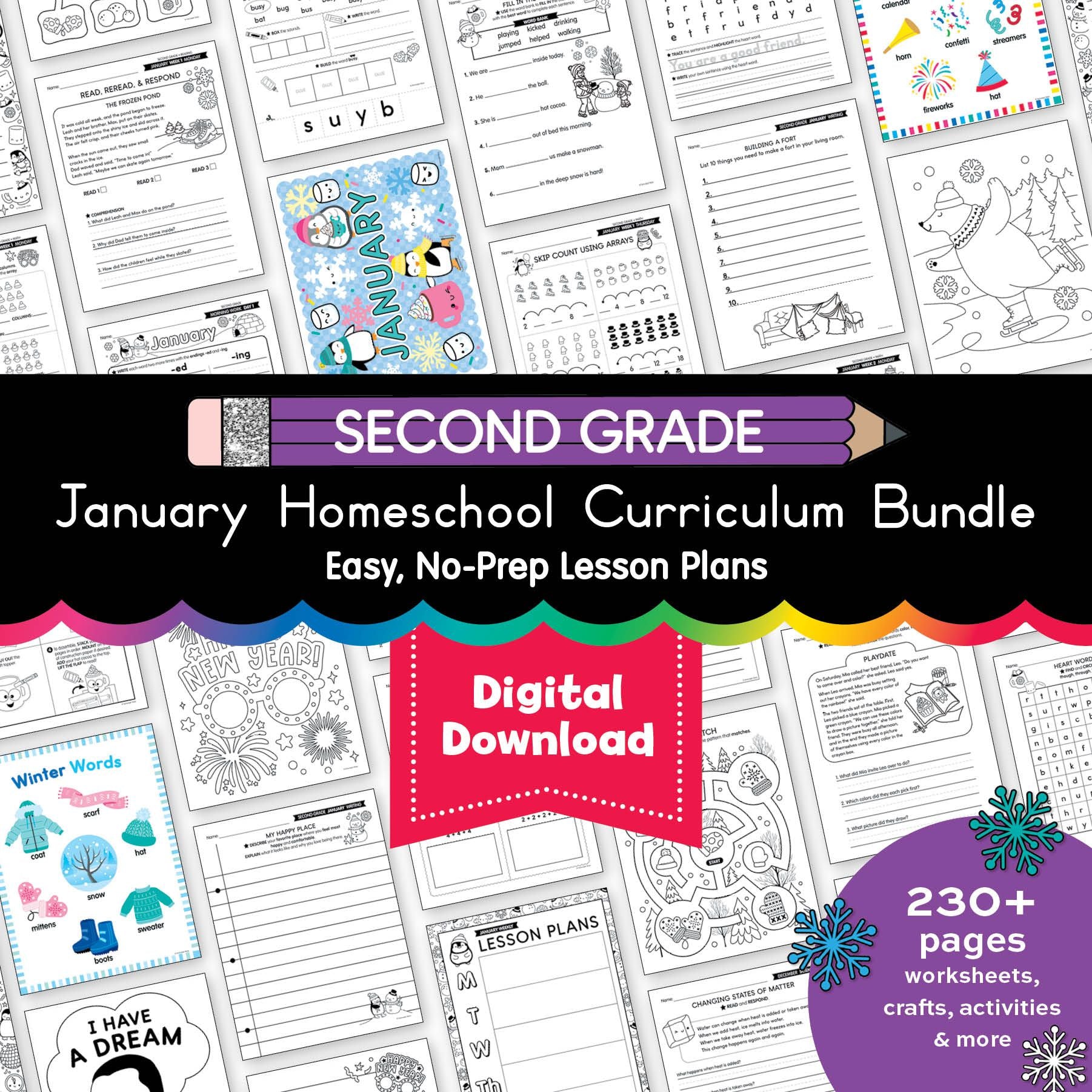 Printable Second Grade January Homeschool Curriculum Bundle