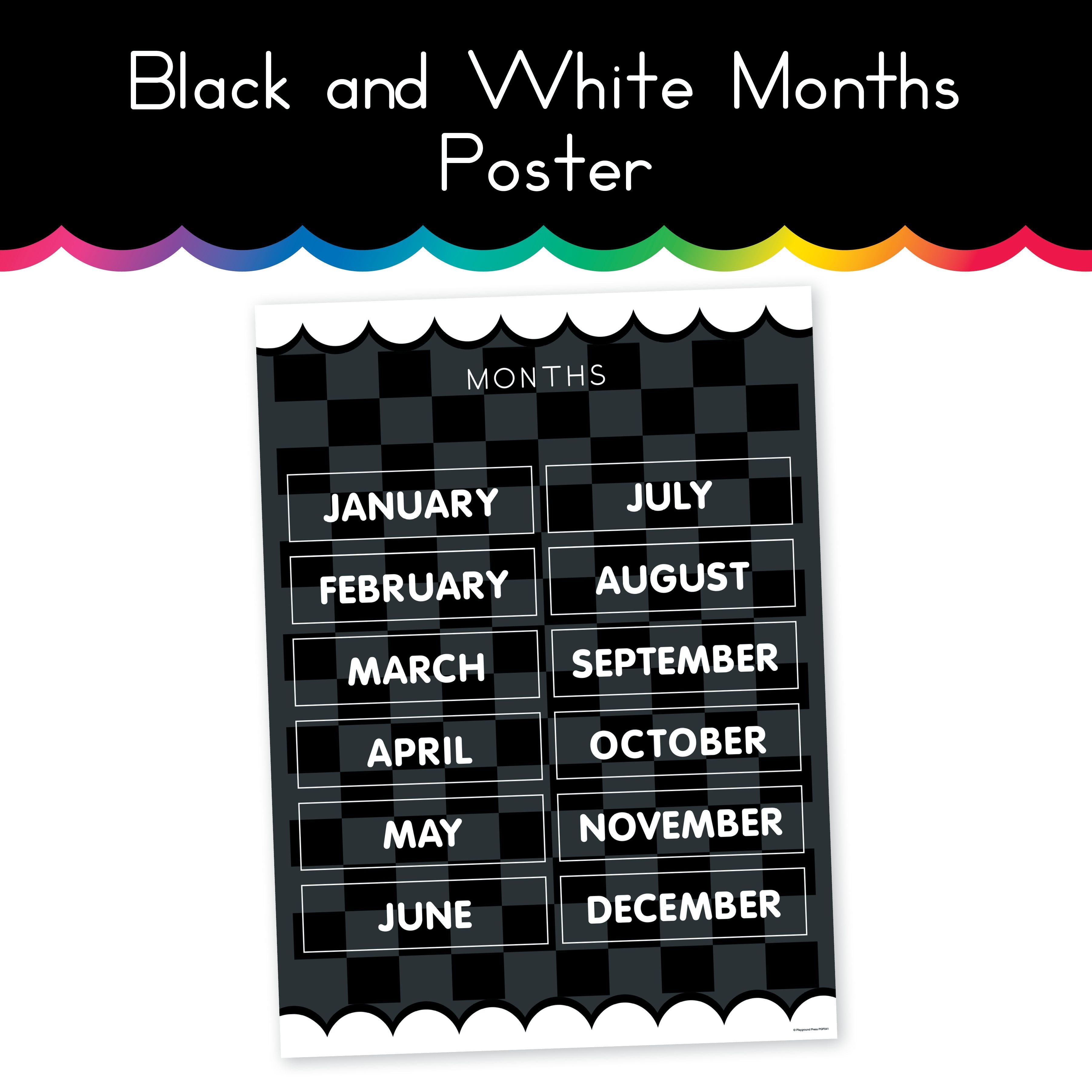 Black and White Months of the Year Home Learning Poster - Playground Press