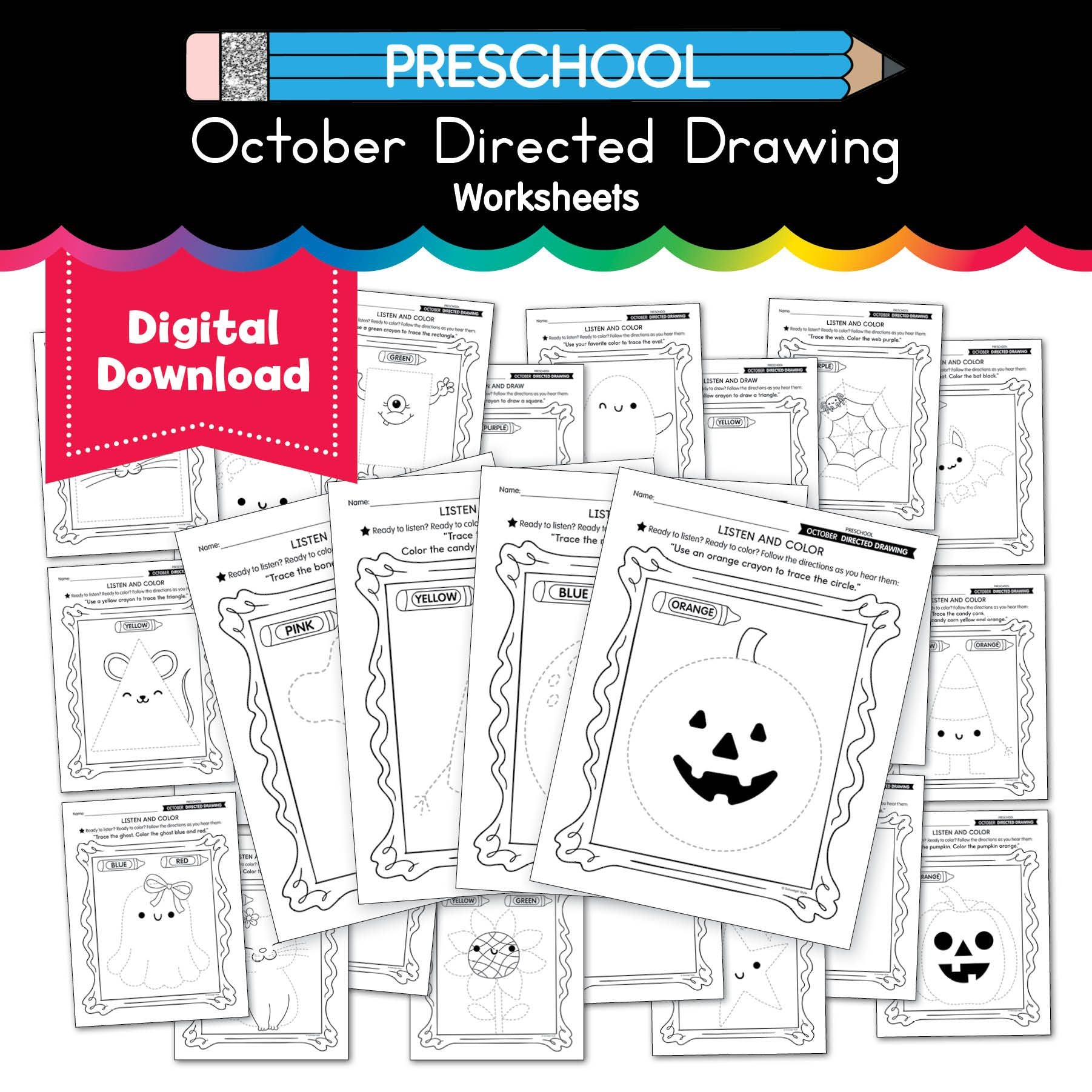 Printable Preschool October Directed Drawing Worksheets
