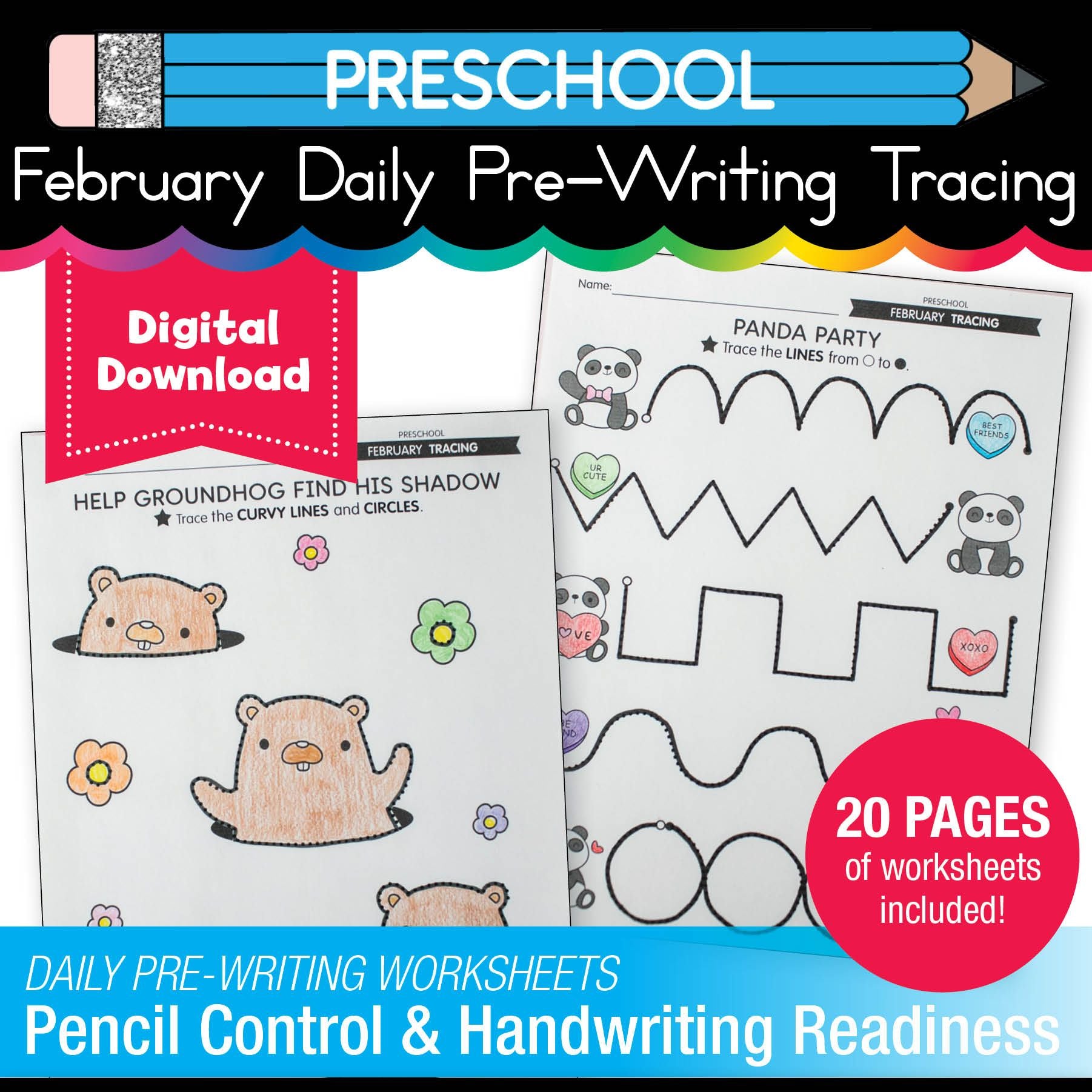 Printable Preschool February Daily Pre-Writing Tracing