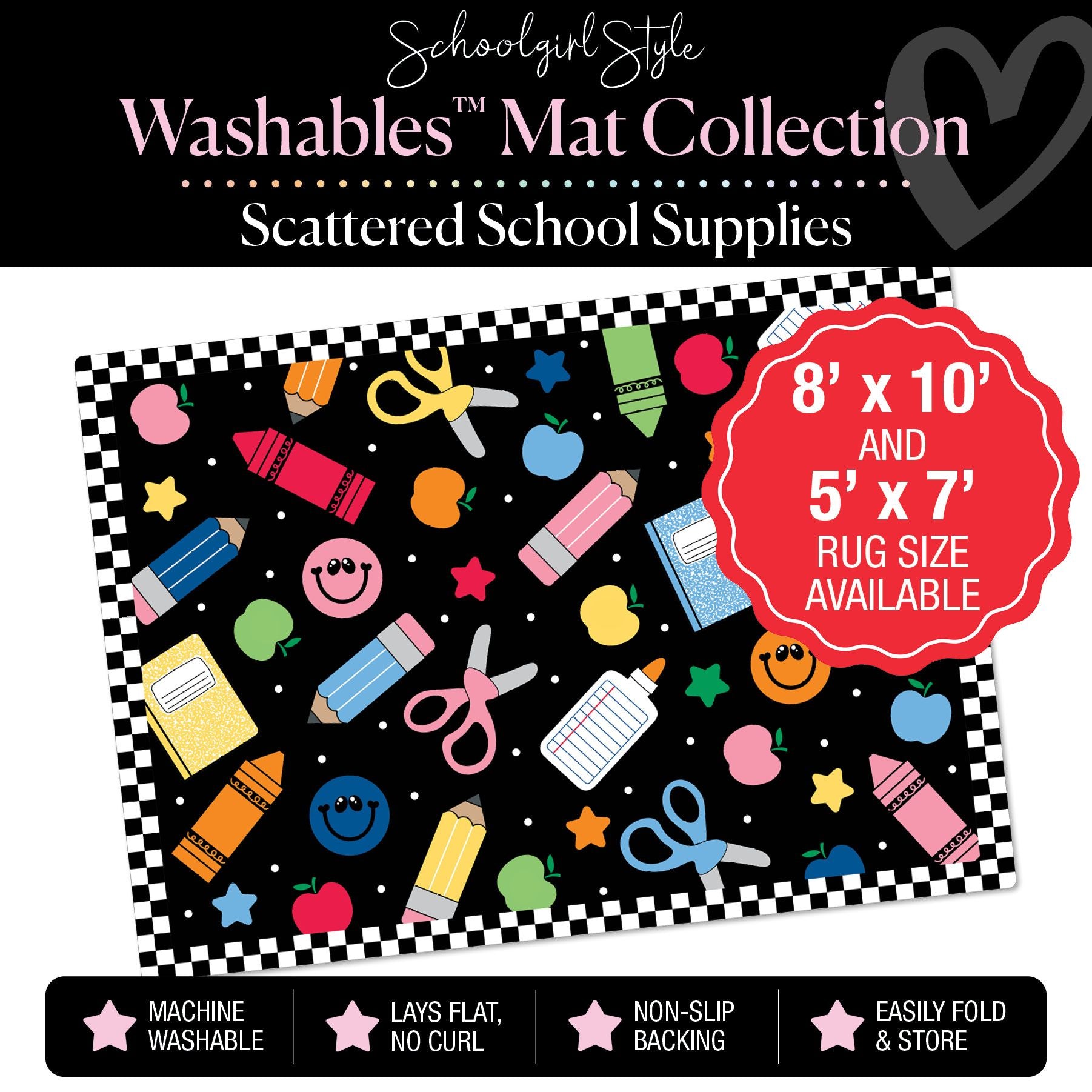 Scattered School Supplies with Checkerboard Border Classroom Mat by Schoolgirl Style