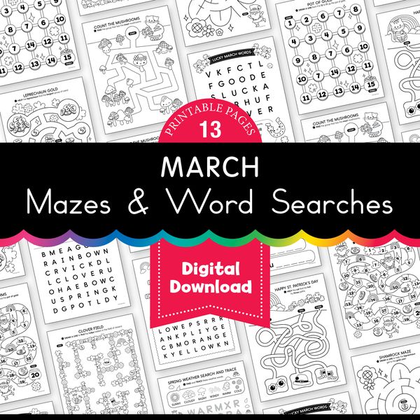 Printable March Mazes and Word Searches