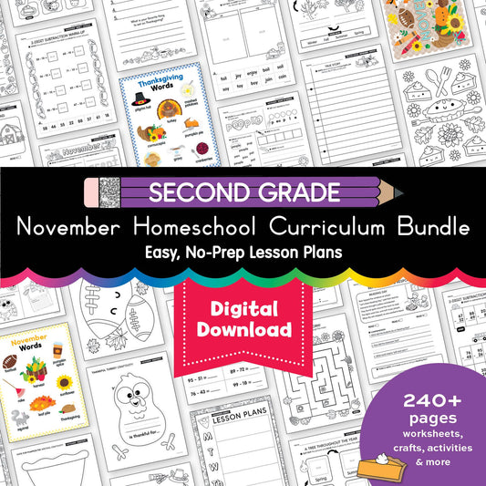 Printable Second Grade November Homeschool Curriculum Bundle