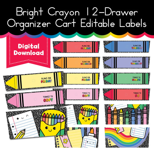 Bright Crayon 12 Drawer Organizer Cart Editable Labels