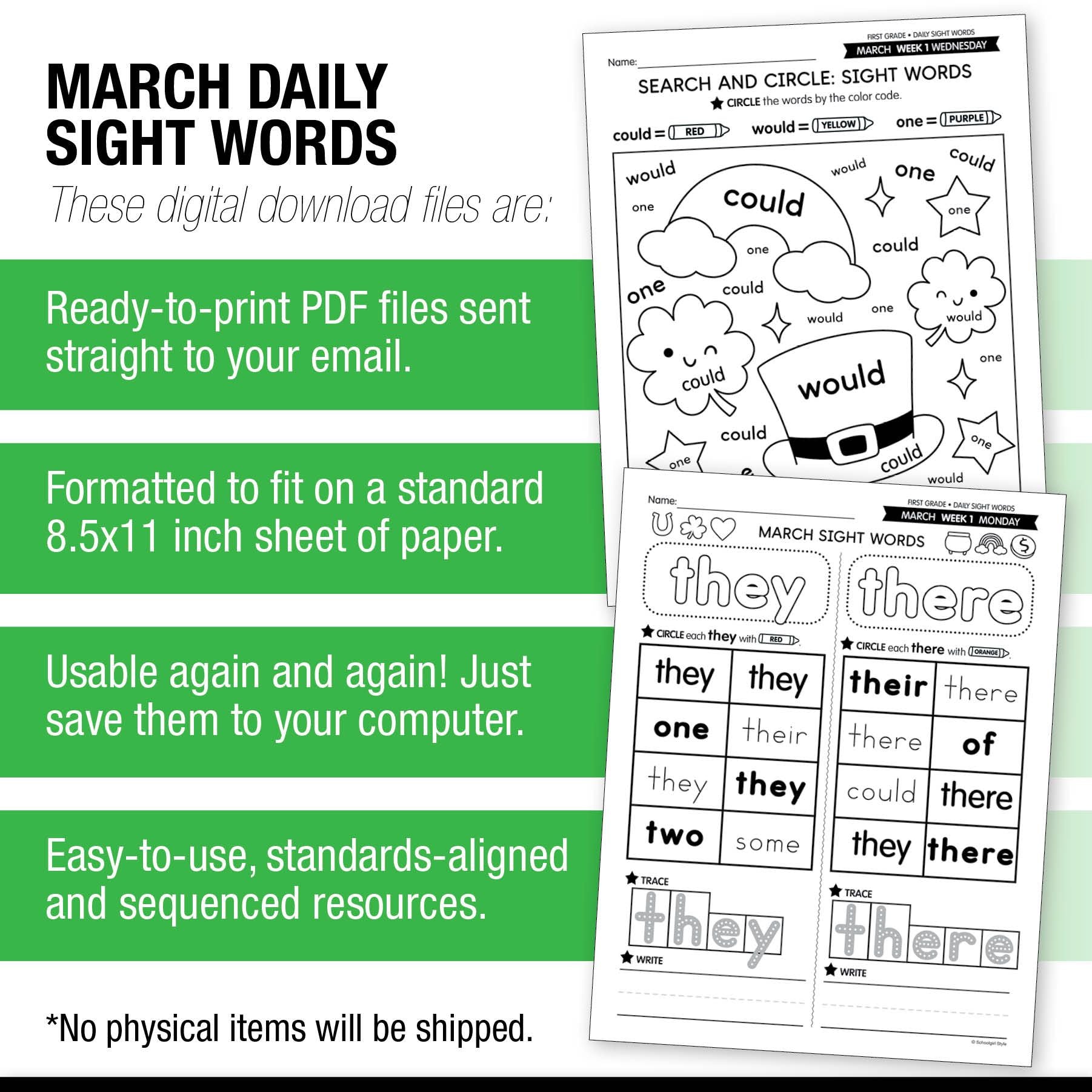 Printable First Grade March Daily Sight Words