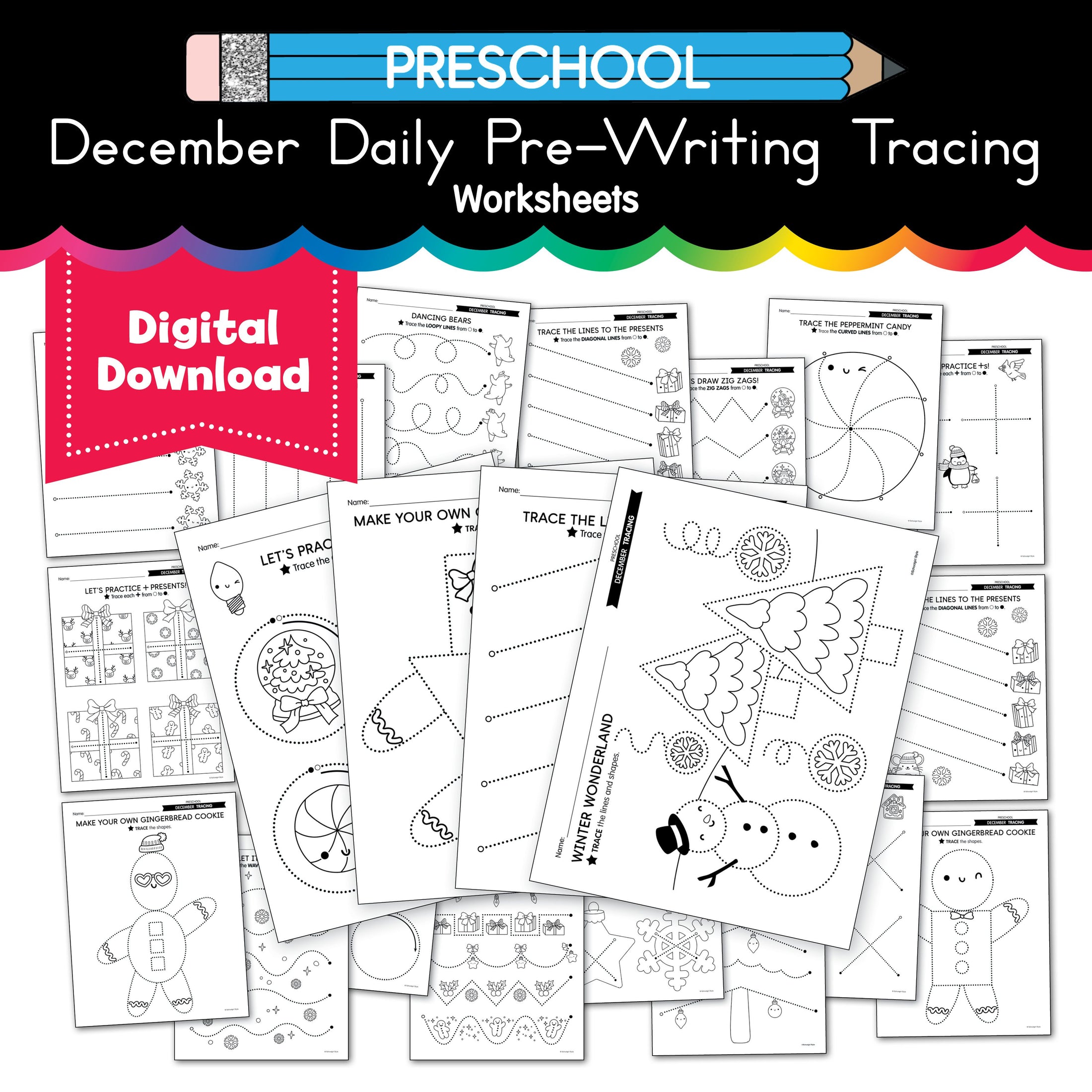 Printable Preschool December Daily Pre-Writing Tracing Worksheets