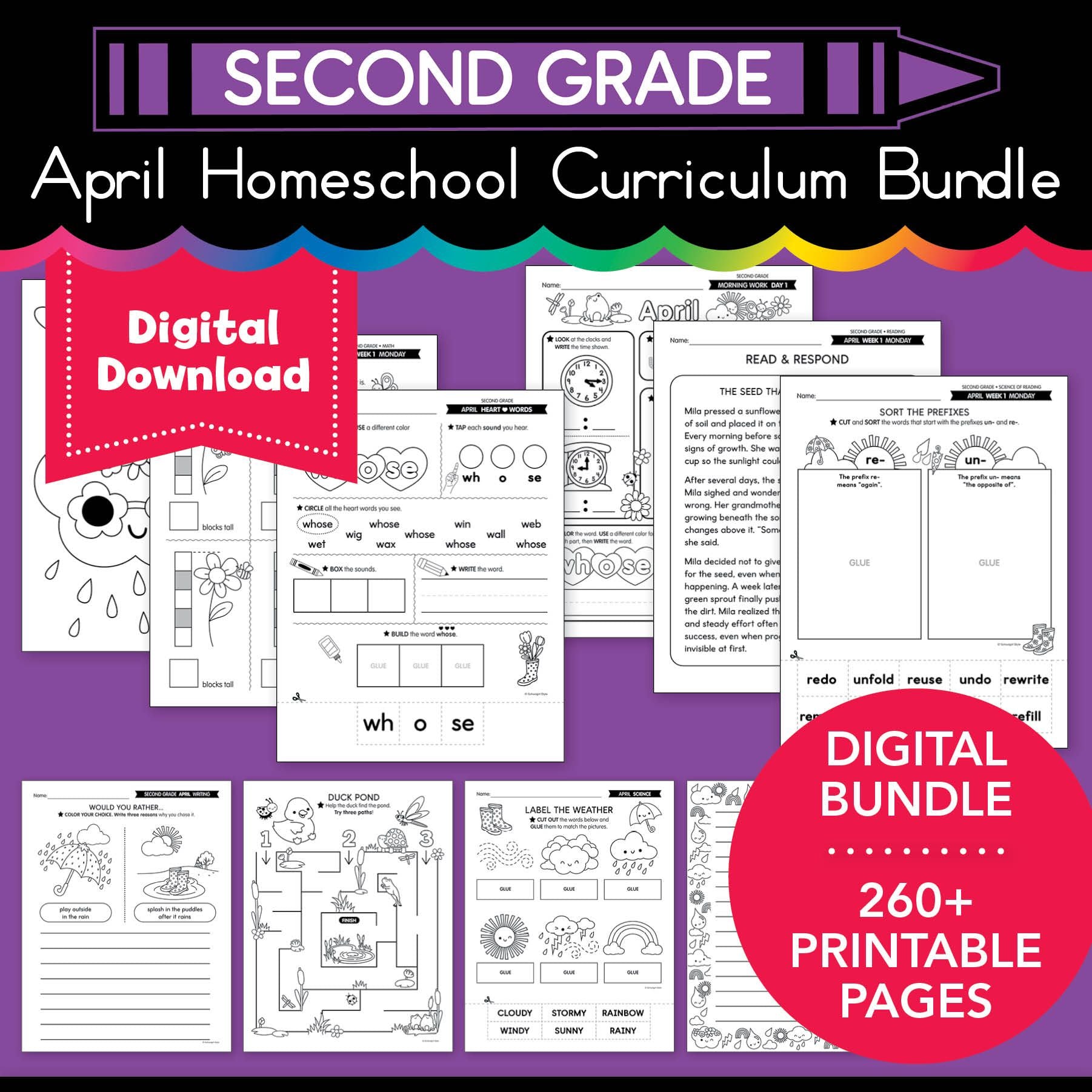 Printable Second Grade April Homeschool Curriculum Bundle