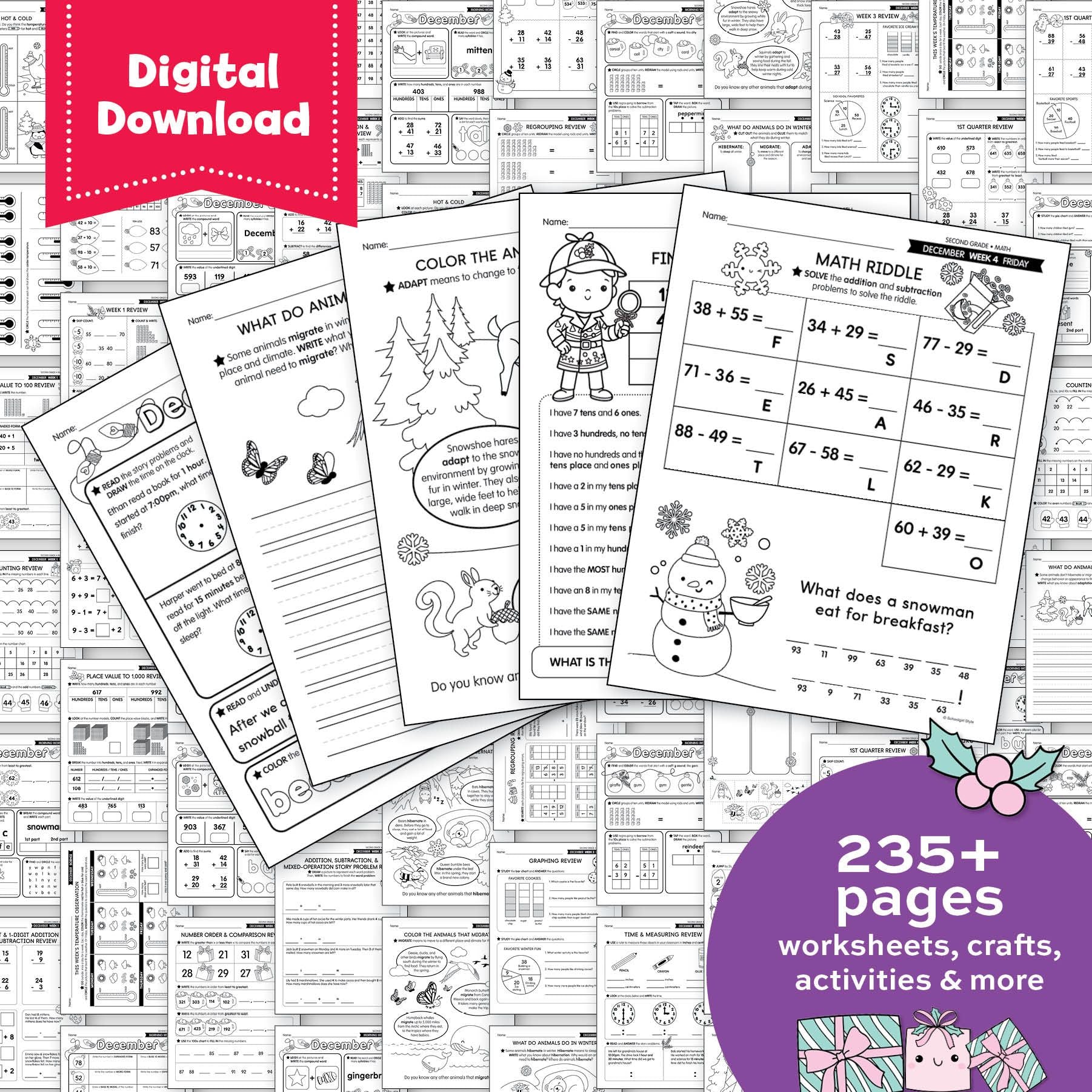 Printable Second Grade December Homeschool Curriculum Bundle