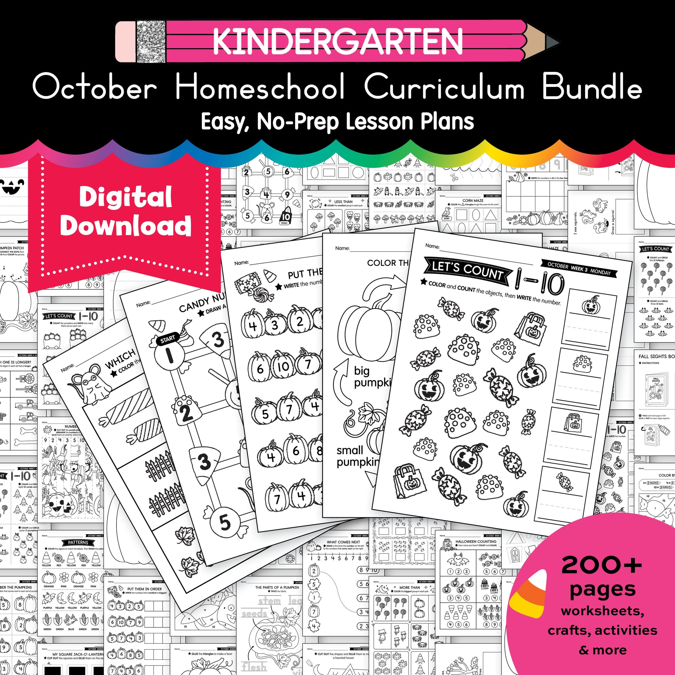 Printable Kindergarten October Homeschool Curriculum Bundle