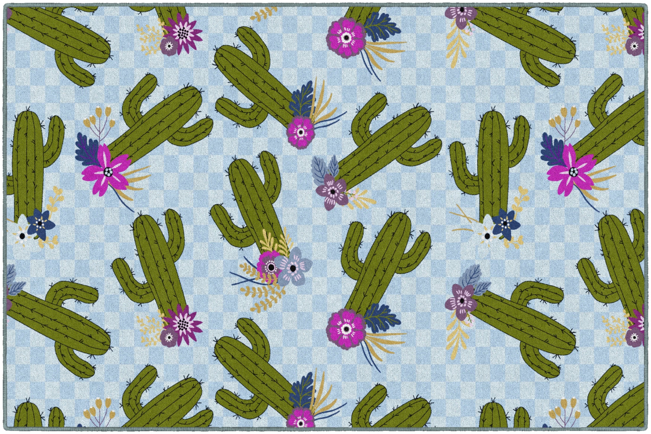 Cactus Patterns on Blue Checkerboard Classroom Rug by Schoolgirl Style