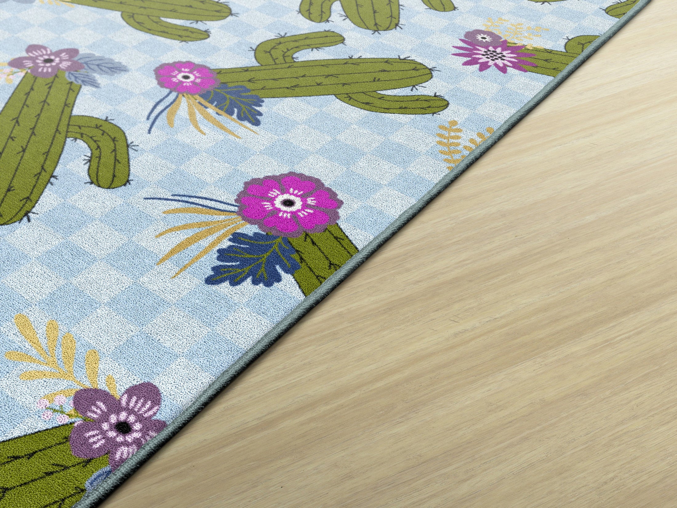 Cactus Patterns on Blue Checkerboard Classroom Rug by Schoolgirl Style