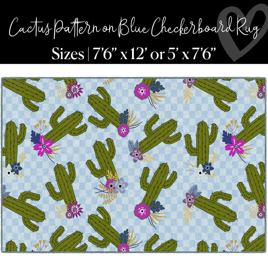 Cactus Patterns on Blue Checkerboard Classroom Rug by Schoolgirl Style
