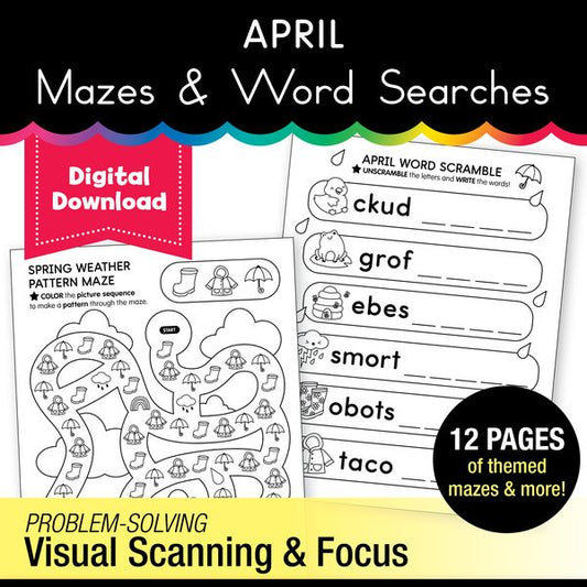 Printable April Mazes and Word Searches