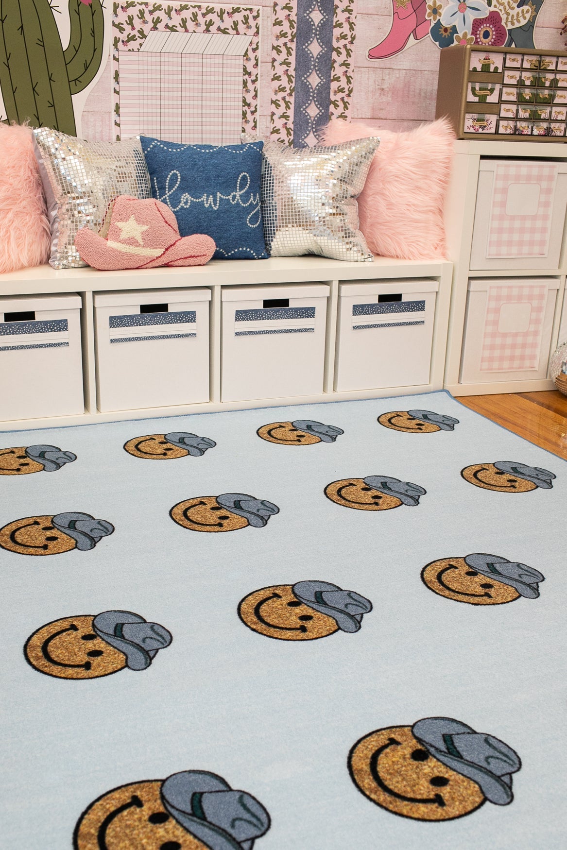 Smiley Cowboy Sit Spots on Light Blue Classroom Rug by Schoolgirl Style