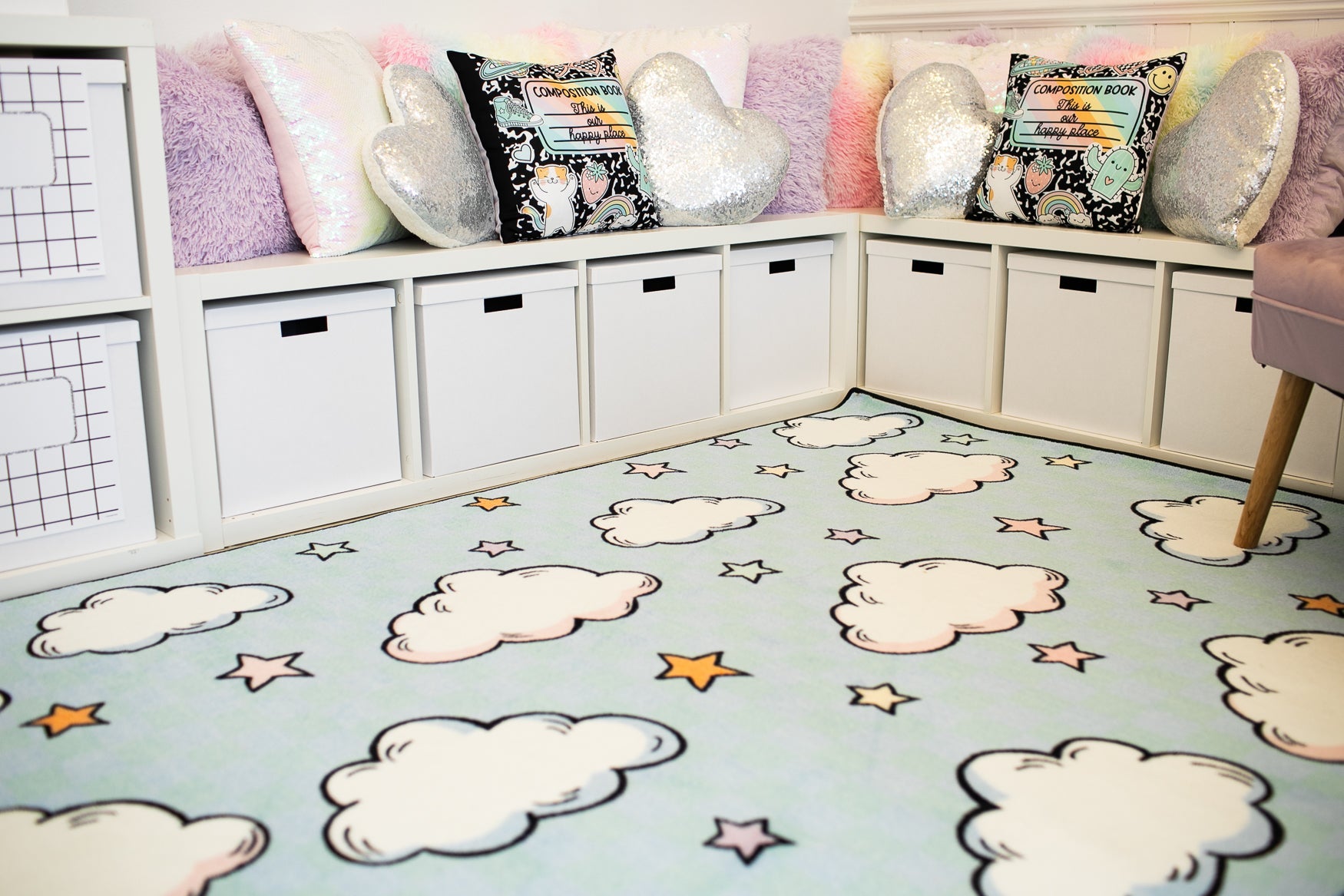Clouds and Stars Pastel Blue Classroom Rug by Schoolgirl Style