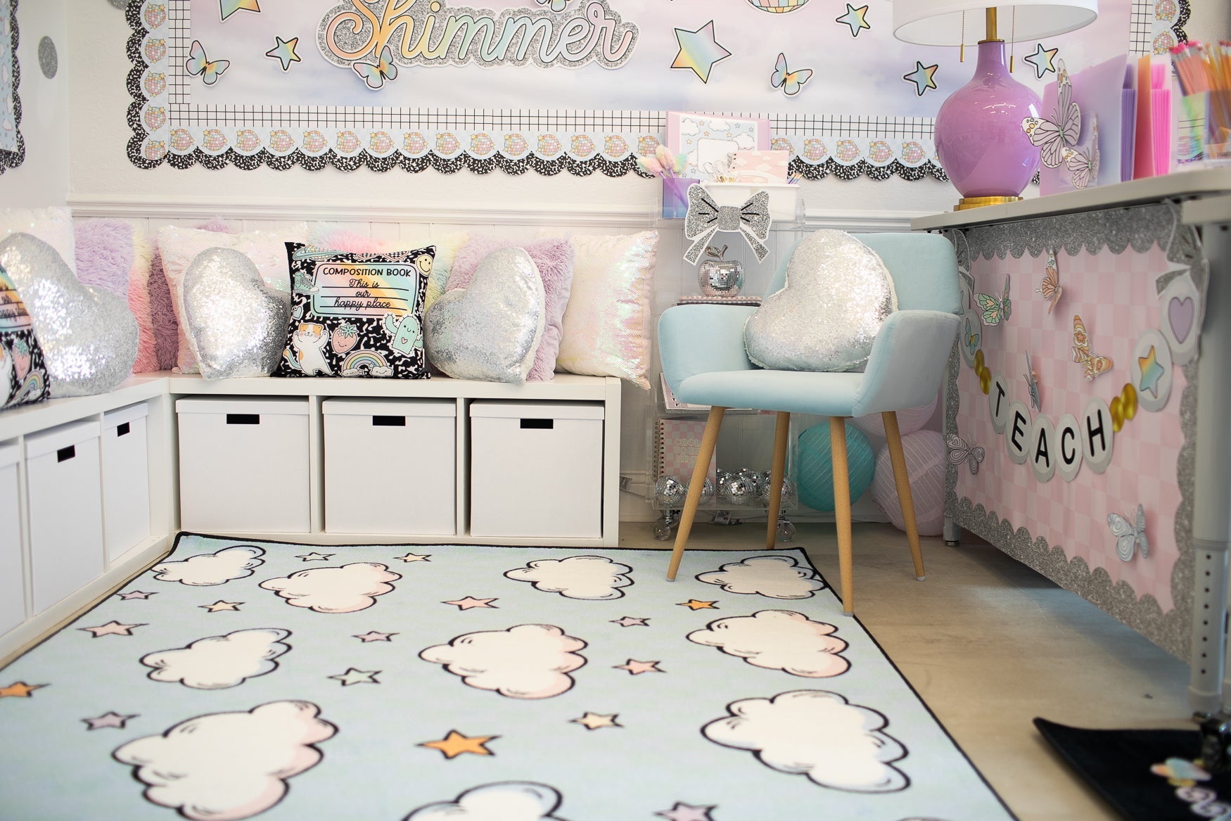 Clouds and Stars Pastel Blue Classroom Rug by Schoolgirl Style