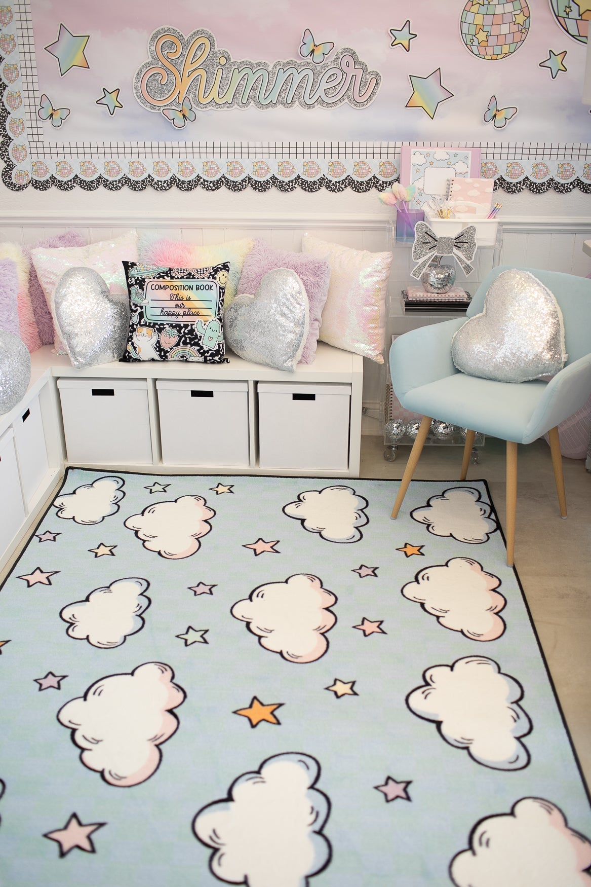 Clouds and Stars Pastel Blue Classroom Rug by Schoolgirl Style
