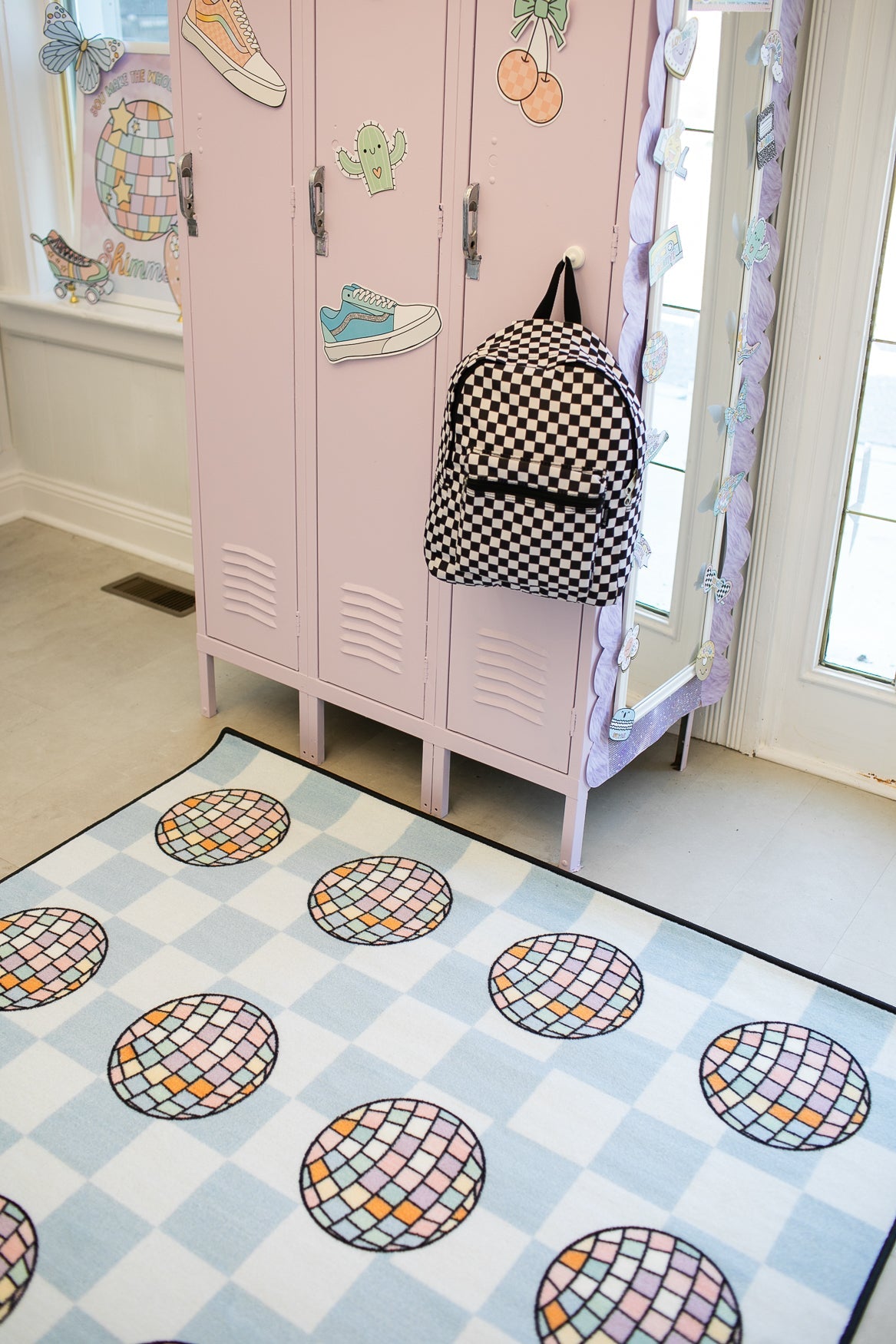 Disco Balls on Blue Checkerboard Sit Spots Classroom Rug by Schoolgirl Style