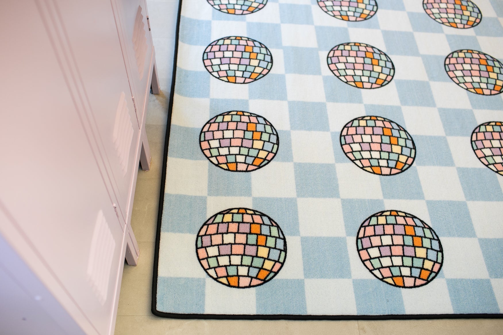 Disco Balls on Blue Checkerboard Sit Spots Classroom Rug by Schoolgirl Style