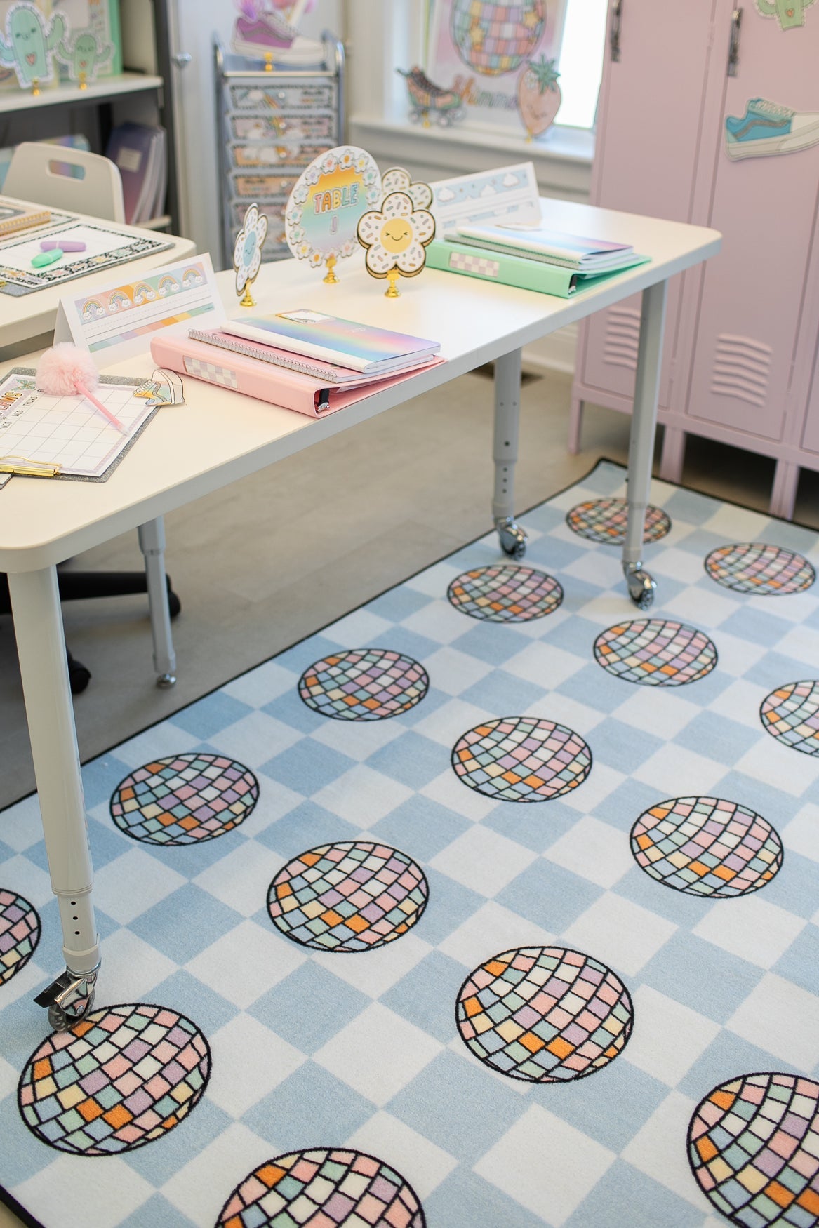 Disco Balls on Blue Checkerboard Sit Spots Classroom Rug by Schoolgirl Style