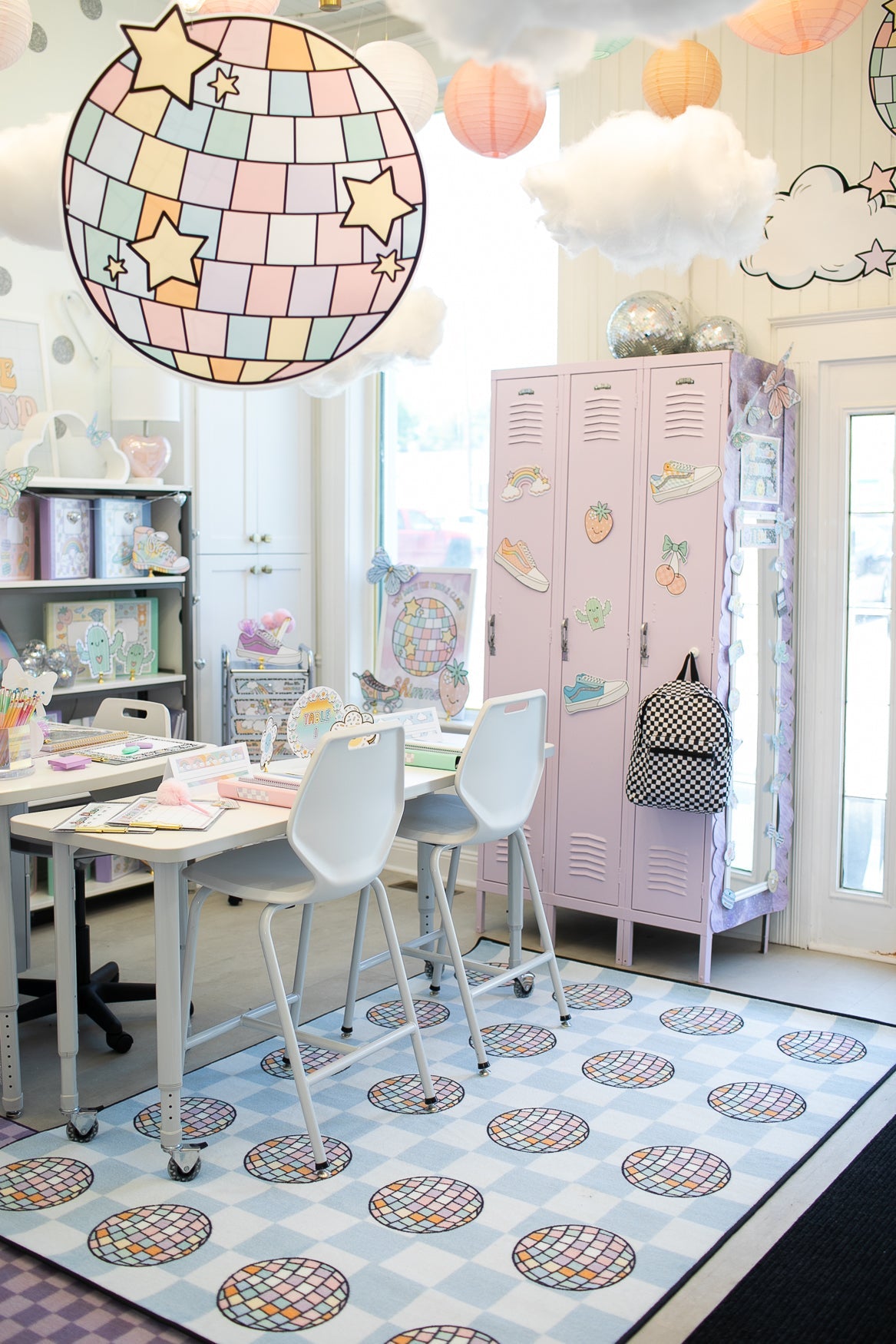 Disco Balls on Blue Checkerboard Sit Spots Classroom Rug by Schoolgirl Style