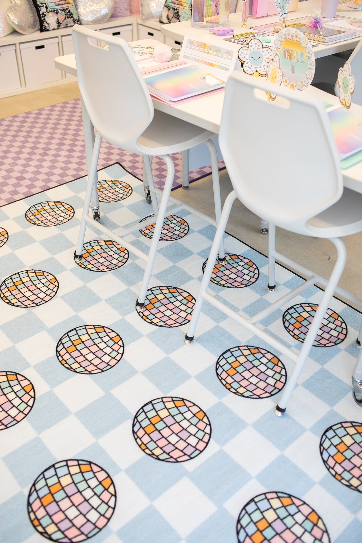 Disco Balls on Blue Checkerboard Sit Spots Classroom Rug by Schoolgirl Style