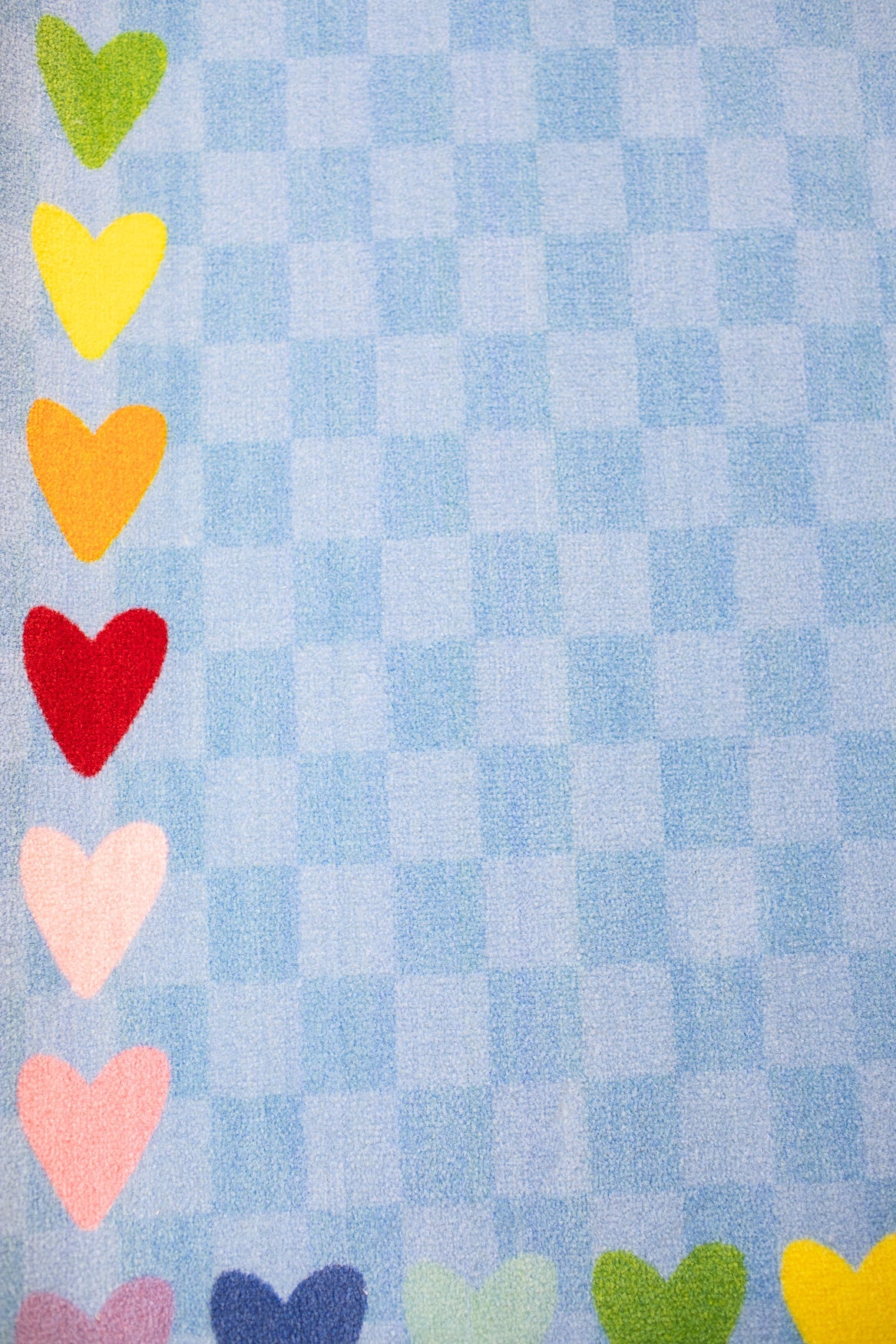 Blue Checkerboard Rug with Rainbow Hearts Border Classroom Rug by Schoolgirl Style