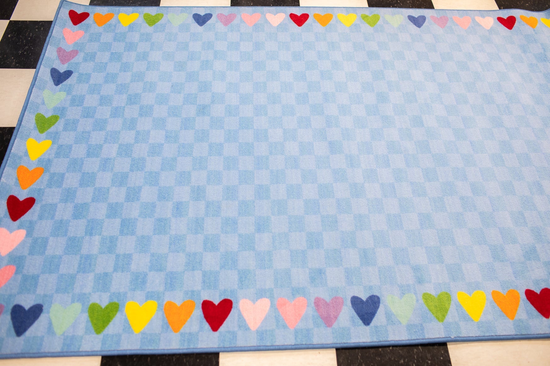 Blue Checkerboard Rug with Rainbow Hearts Border Classroom Rug by Schoolgirl Style