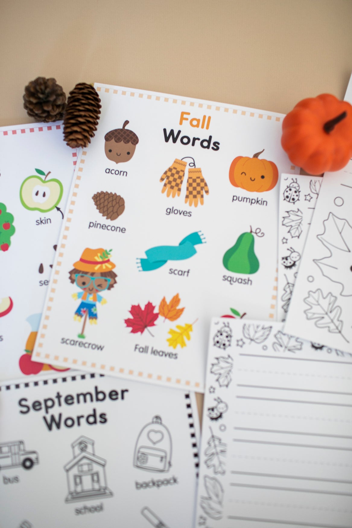 fall word posters and writing worksheets