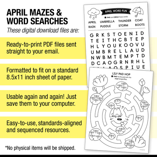 Printable April Mazes and Word Searches