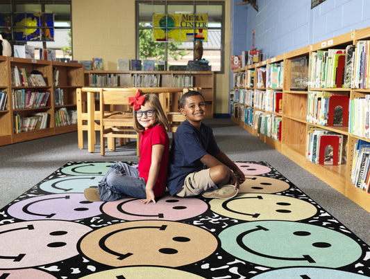 pastel smileys on composition notebook rug