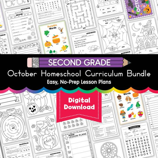 Printable Second Grade October Homeschool Curriculum Bundle