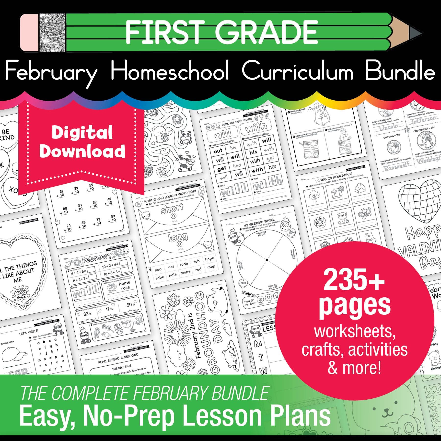 Printable First Grade February Homeschool Curriculum Bundle