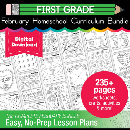 Printable First Grade February Homeschool Curriculum Bundle